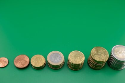 Compound interest – coins stacked in growing piles showing compounding growth
