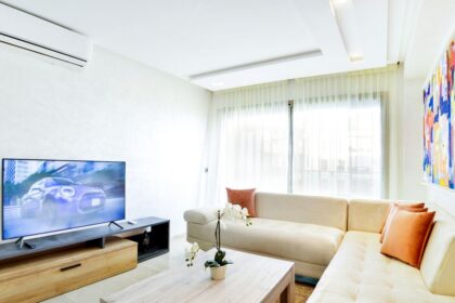Renters insurance – bright rented living room with sofa, TV and modern decor