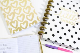 Zero-based budget – notebooks and pens laid out for monthly budget planning