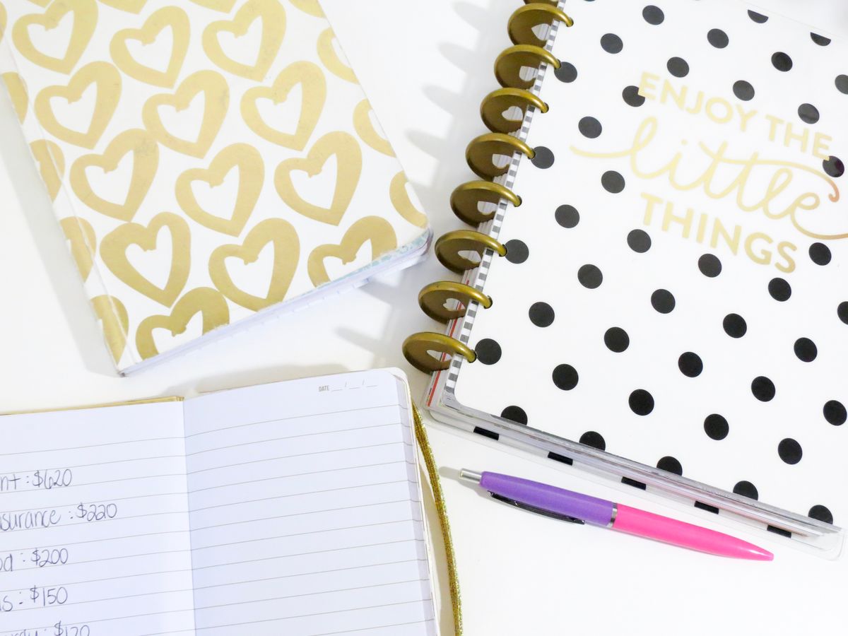 Zero-based budget – notebooks and pens laid out for monthly budget planning